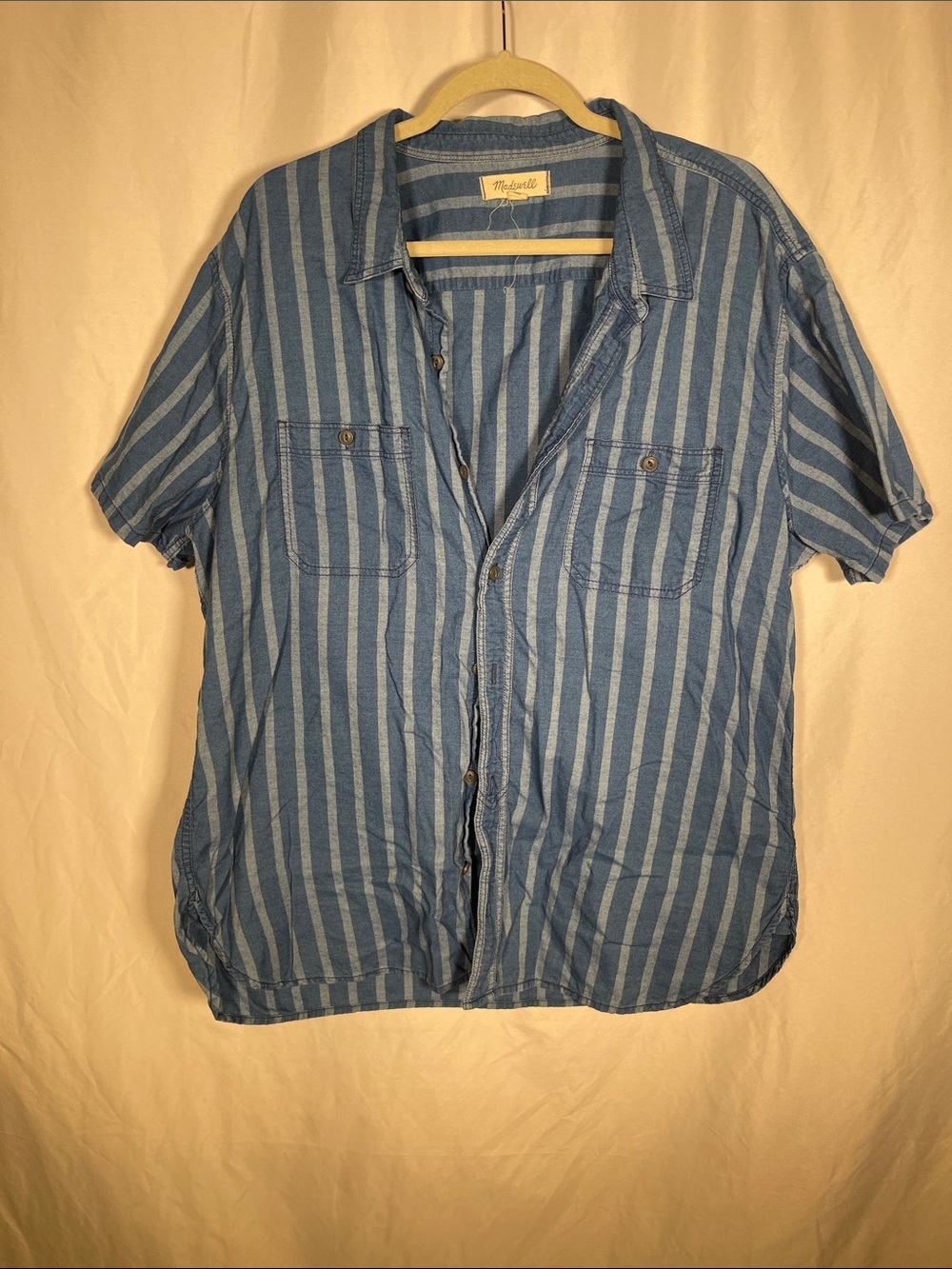 MADEWELL MENS BLUE STRIPED CASUAL SHORT SLEEVE BUTTON DOWN SHIRT XXL